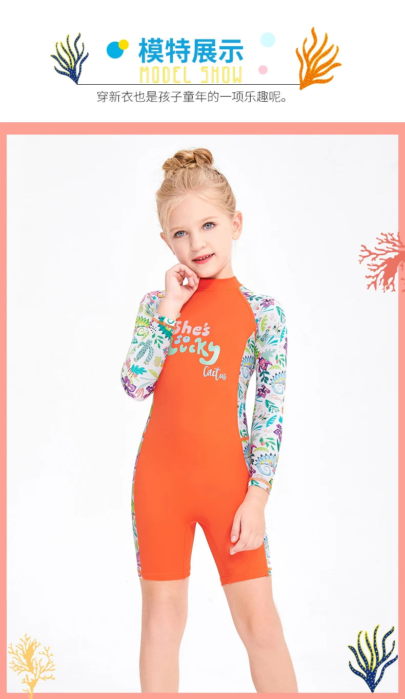 One Pieces Swimsuit Rash Guard Swimwear Long Sleeve Sunsuit for Kids 3-10Y Sun UV Protection
