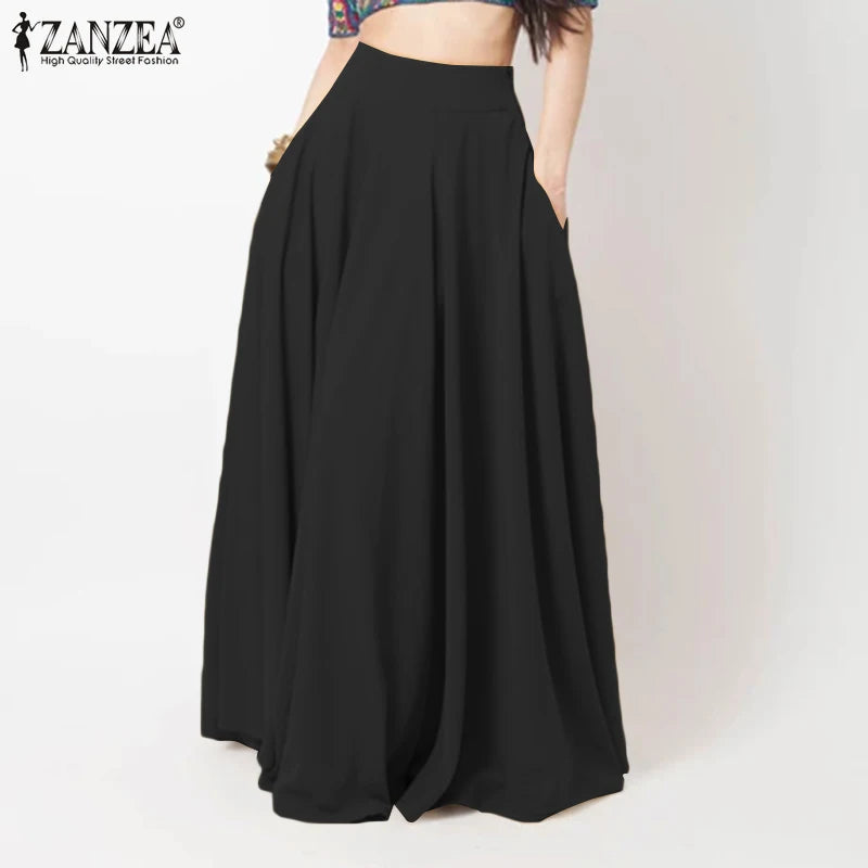 2024 ZANZEA Women Spring Sundress Fashion Maxi Skirts Elegant Long Party Vestidos Female High Waist Solid Robe Beach Faldas Saia