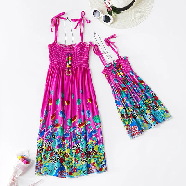 Summer Family Dress Mother and Daughter Matching Outfits Bohemian Beach Floral Sundress Dresses For Mom Girl Family Look Sets