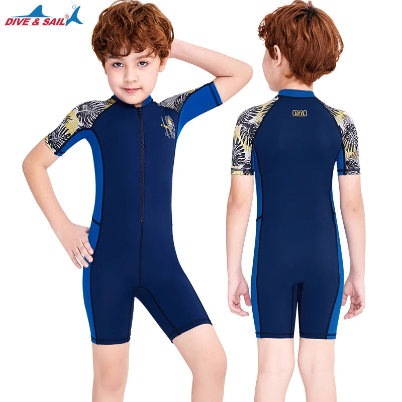 One Pieces Swimsuit Rash Guard Swimwear Long Sleeve Sunsuit for Kids 3-10Y Sun UV Protection