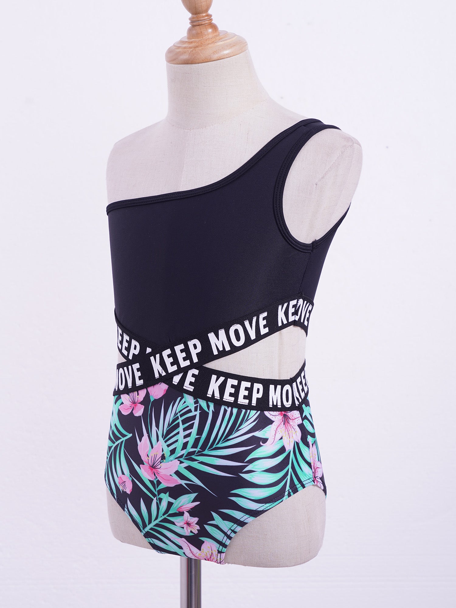Kids Girls Hollow Out One-piece Swimwear Single Shoulder Letter Print Bodysuit Swimsuit Pool Bathing Suit Beachwear Sportswear