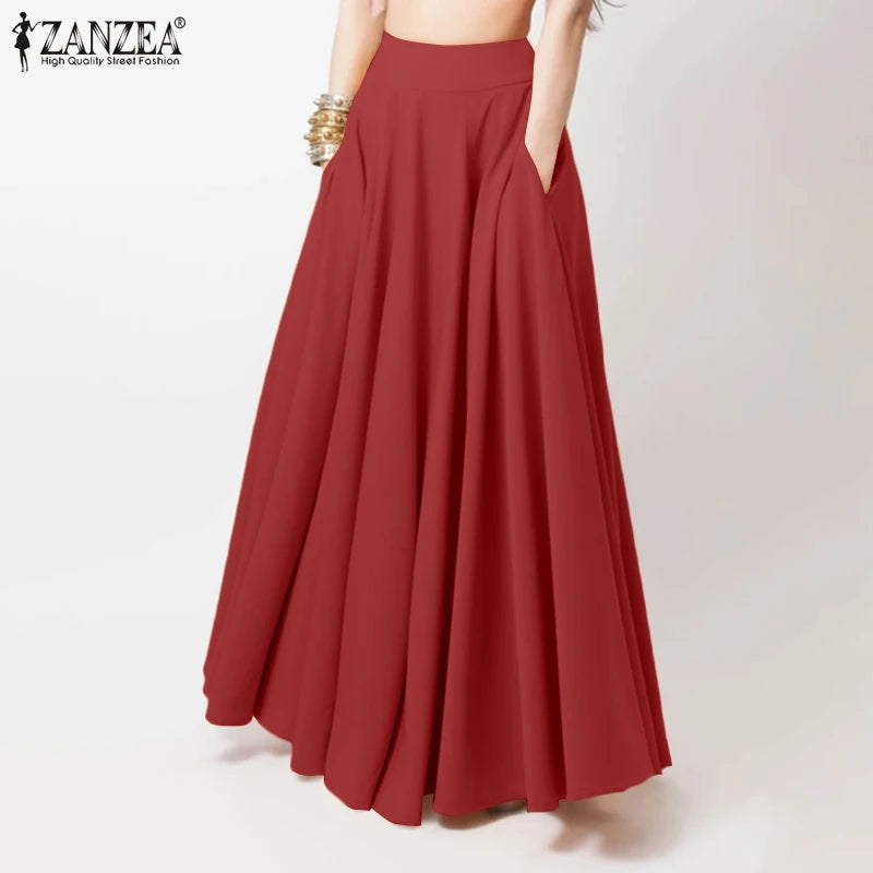 2024 ZANZEA Women Spring Sundress Fashion Maxi Skirts Elegant Long Party Vestidos Female High Waist Solid Robe Beach Faldas Saia