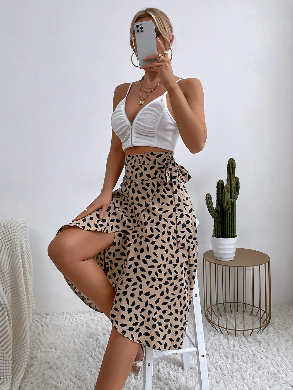 Benuynffy Boho Women Casual Print Tie Side Wrap Skirt Elegant High Waist Female Summer Asymmetrical Knee Length A-Line Skirts