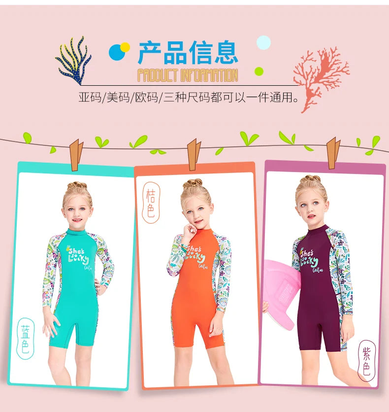 One Pieces Swimsuit Rash Guard Swimwear Long Sleeve Sunsuit for Kids 3-10Y Sun UV Protection