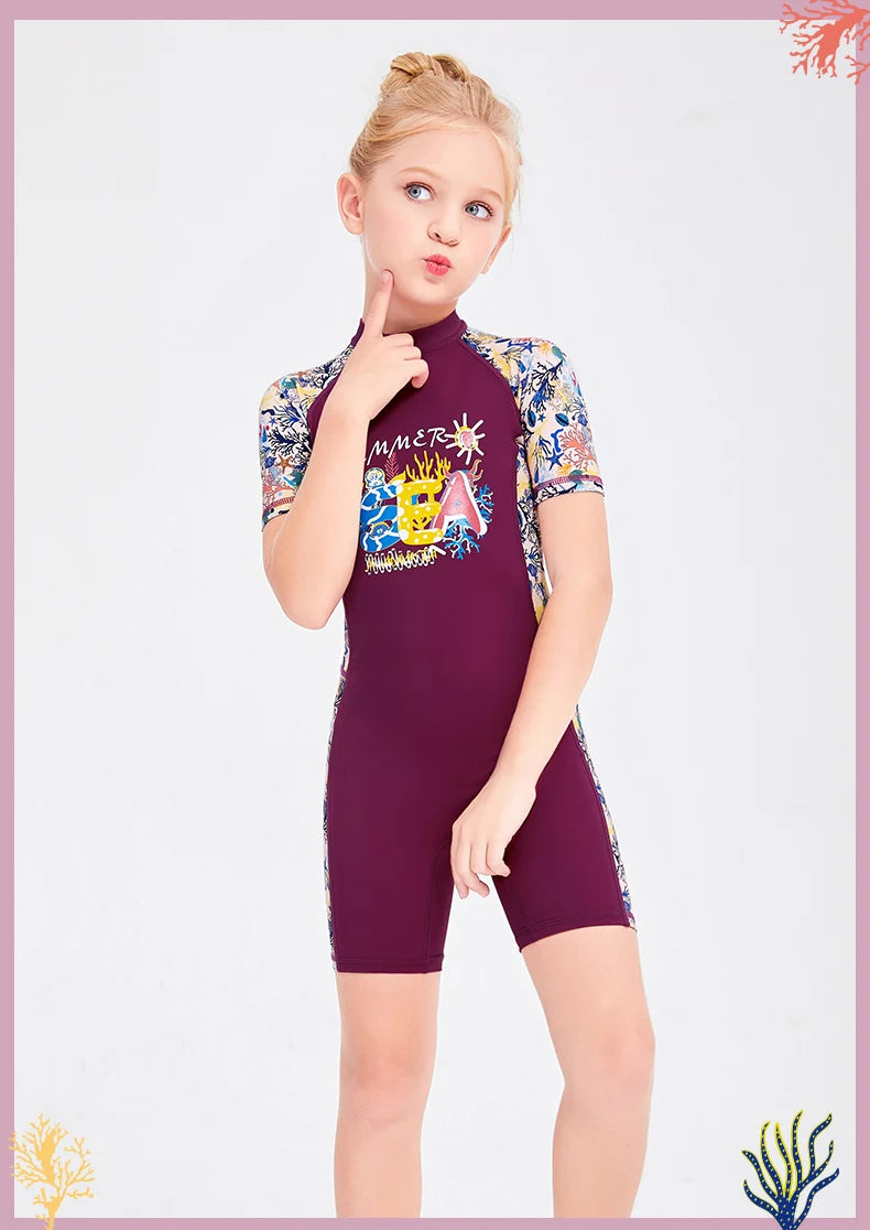 Girls and Boy One Piece Rash Guard Swimsuit Kid Water Sport Short Swimsuit UPF 50+ Sun Protection Bathing Suits