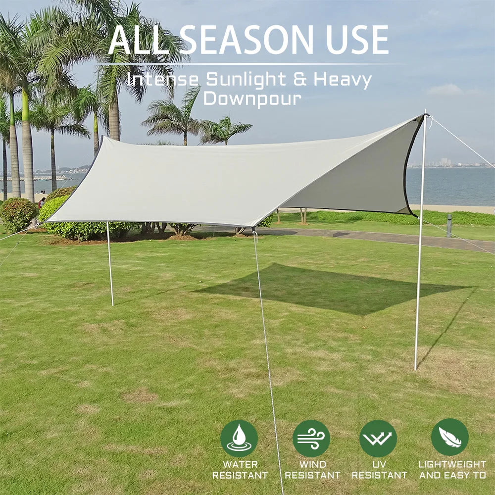 Lightweight 3x4M Hexagonal Camping Tarp Waterproof Awning Sun Shelter Outdoor Canopy for Hiking Beach Picnic Travel