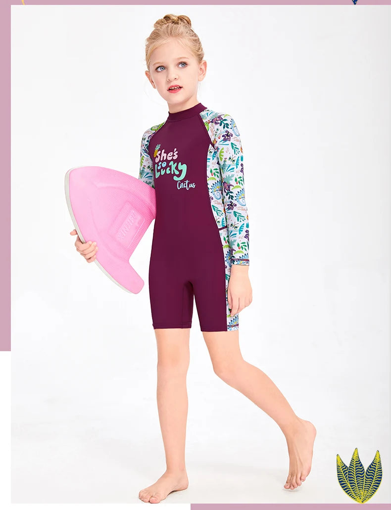 One Pieces Swimsuit Rash Guard Swimwear Long Sleeve Sunsuit for Kids 3-10Y Sun UV Protection