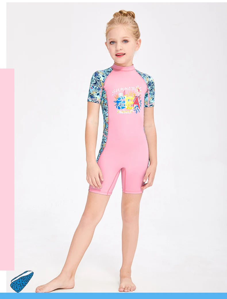 Girls and Boy One Piece Rash Guard Swimsuit Kid Water Sport Short Swimsuit UPF 50+ Sun Protection Bathing Suits