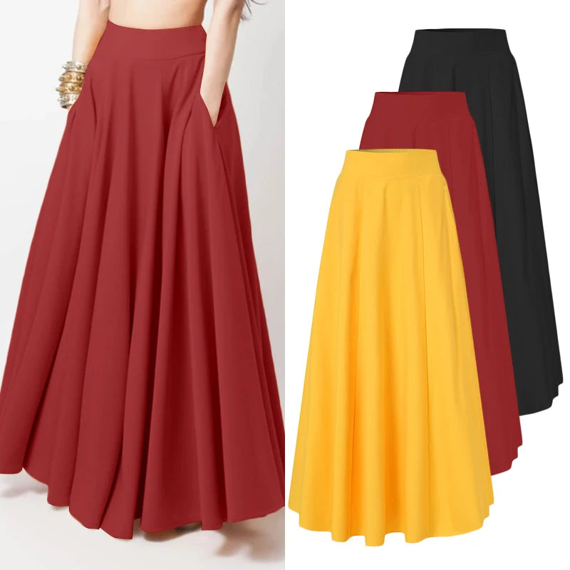 2024 ZANZEA Women Spring Sundress Fashion Maxi Skirts Elegant Long Party Vestidos Female High Waist Solid Robe Beach Faldas Saia