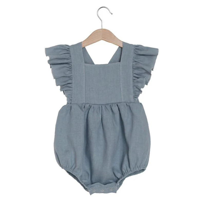 Vintage Linen Cotton Baby Girls Romper Summer Ruffles Lace Sleeveless Jumpsuit for Toddler Girls One-Piece Children Clothing