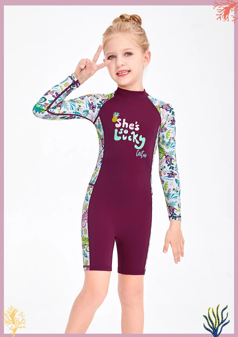 One Pieces Swimsuit Rash Guard Swimwear Long Sleeve Sunsuit for Kids 3-10Y Sun UV Protection