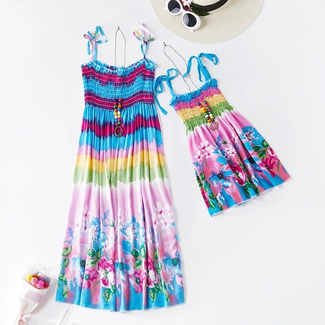 Summer Family Dress Mother and Daughter Matching Outfits Bohemian Beach Floral Sundress Dresses For Mom Girl Family Look Sets
