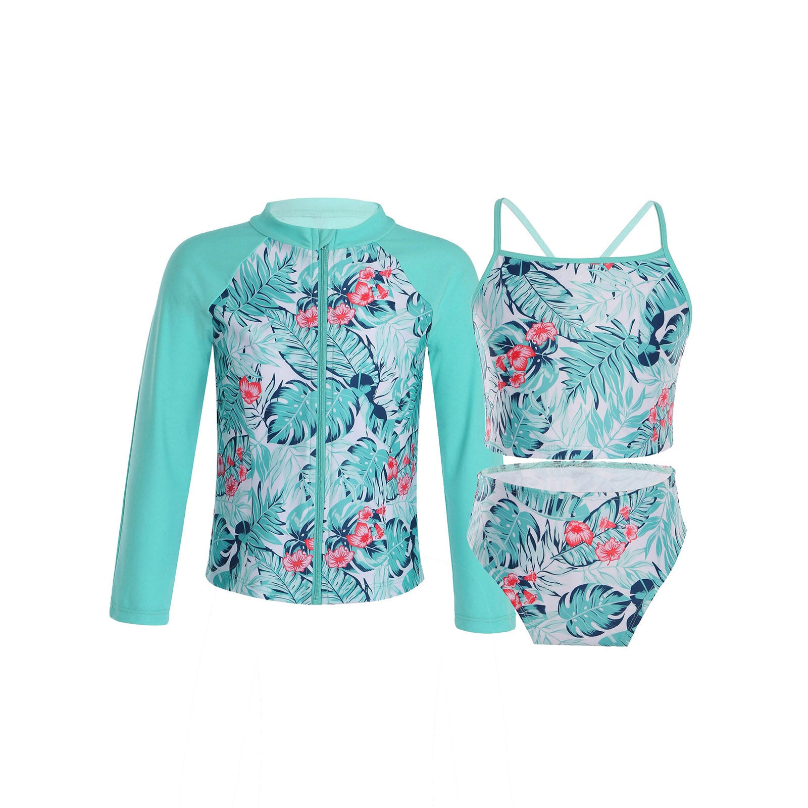 Kids Girls 4PCS Printed Swimsuit Long Sleeve Outerwear with Sleeveless Crop Top Briefs Shorts Bathing Suit Rash Guard Swimwear
