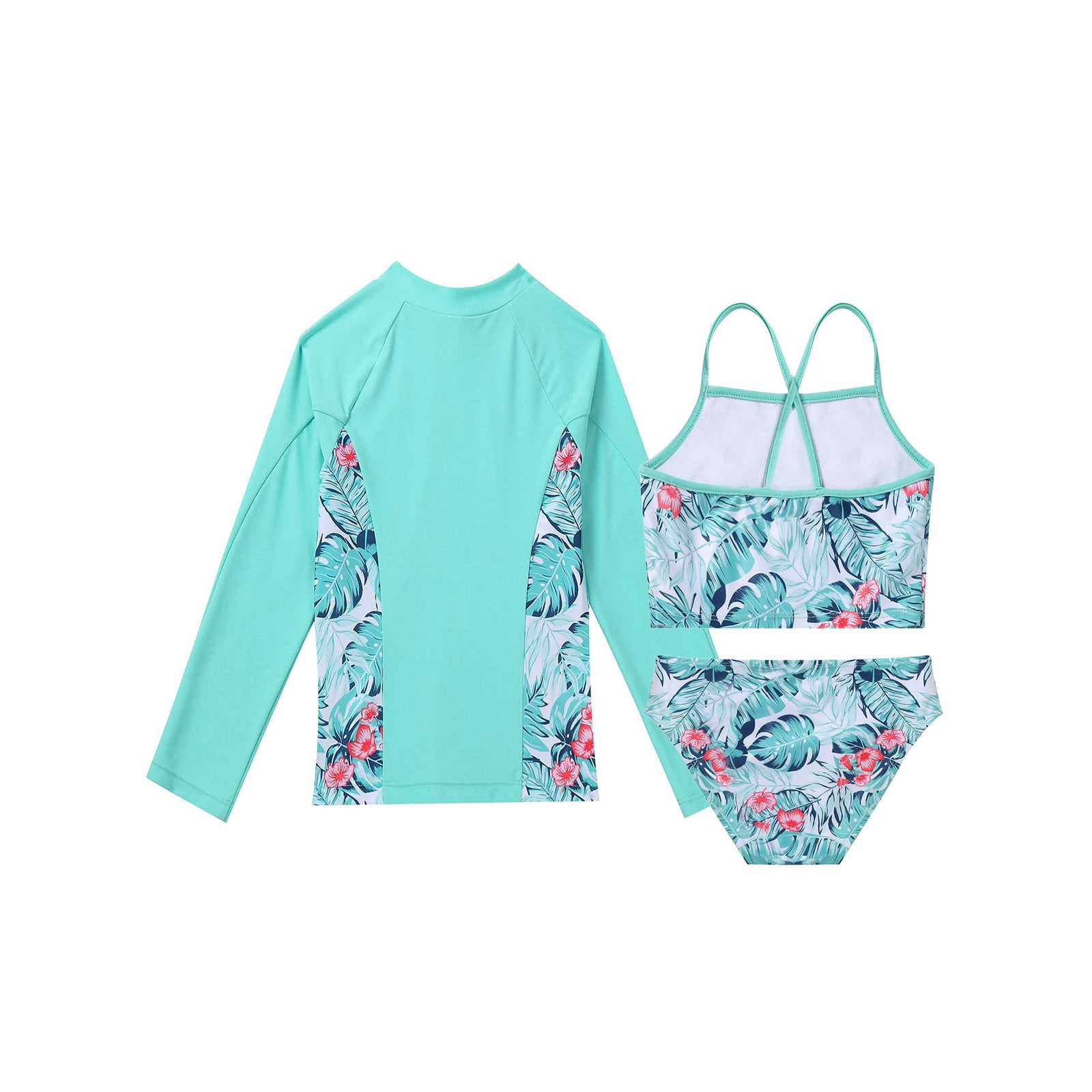 Kids Girls 4PCS Printed Swimsuit Long Sleeve Outerwear with Sleeveless Crop Top Briefs Shorts Bathing Suit Rash Guard Swimwear