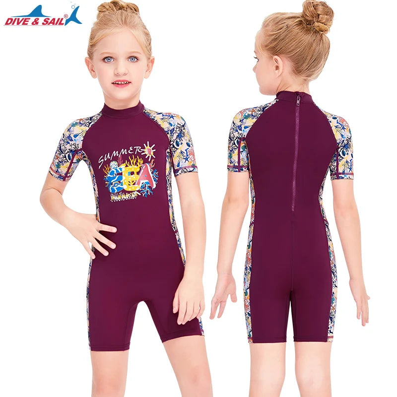 Girls and Boy One Piece Rash Guard Swimsuit Kid Water Sport Short Swimsuit UPF 50+ Sun Protection Bathing Suits