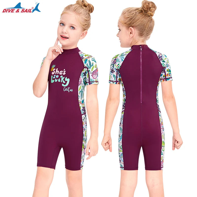 One Pieces Swimsuit Rash Guard Swimwear Long Sleeve Sunsuit for Kids 3-10Y Sun UV Protection