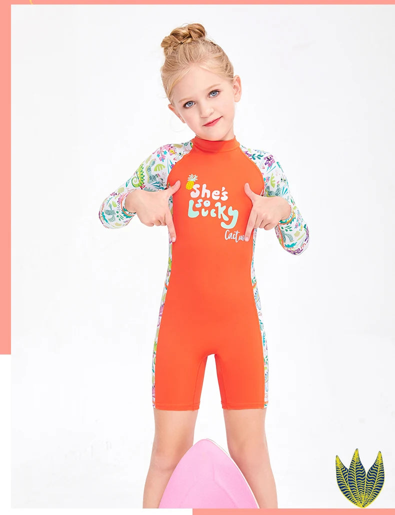 One Pieces Swimsuit Rash Guard Swimwear Long Sleeve Sunsuit for Kids 3-10Y Sun UV Protection