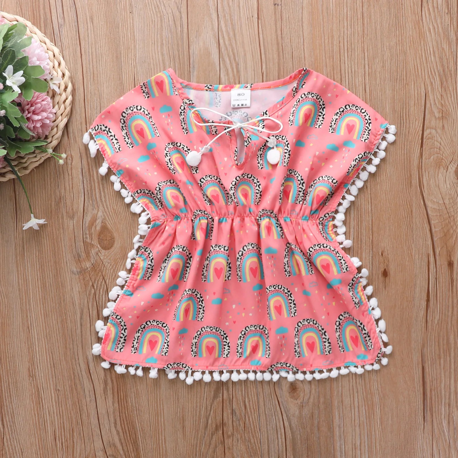 0-5Y Baby Girls Swimwear Cover-up 2026 Summer Leopard Tassel Kids Beach Dress Poncho Swimsuits Bikini Cover Ups Toddler Sundress