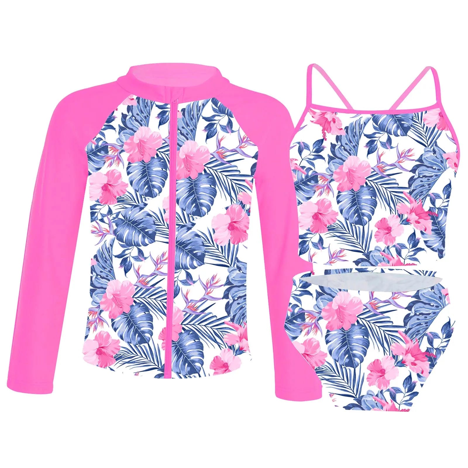Kids Girls 4PCS Printed Swimsuit Long Sleeve Outerwear with Sleeveless Crop Top Briefs Shorts Bathing Suit Rash Guard Swimwear