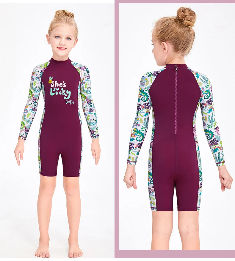 One Pieces Swimsuit Rash Guard Swimwear Long Sleeve Sunsuit for Kids 3-10Y Sun UV Protection