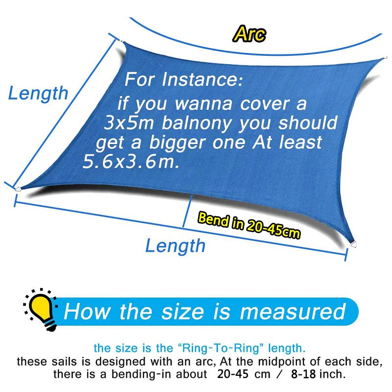 420D Waterproof Square Rectangular Shade sail, Outdoor Garden Swimming Pool Awning, Camping Hiking Sun shelter