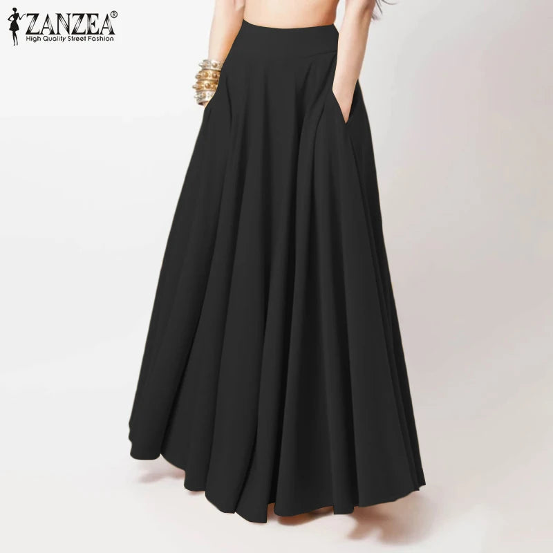 2024 ZANZEA Women Spring Sundress Fashion Maxi Skirts Elegant Long Party Vestidos Female High Waist Solid Robe Beach Faldas Saia