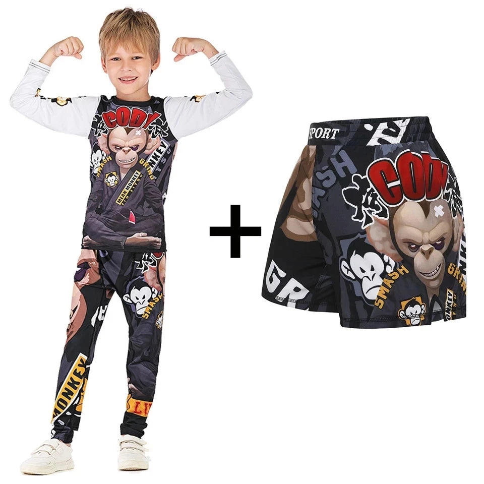 Rashguard Jiu Jitsu Kimono MMA Kid's T-shirt+Pant Sets Kid Rash Guard Children Muay Thai MMA Shorts Kickboxing Boys Gym Clothing