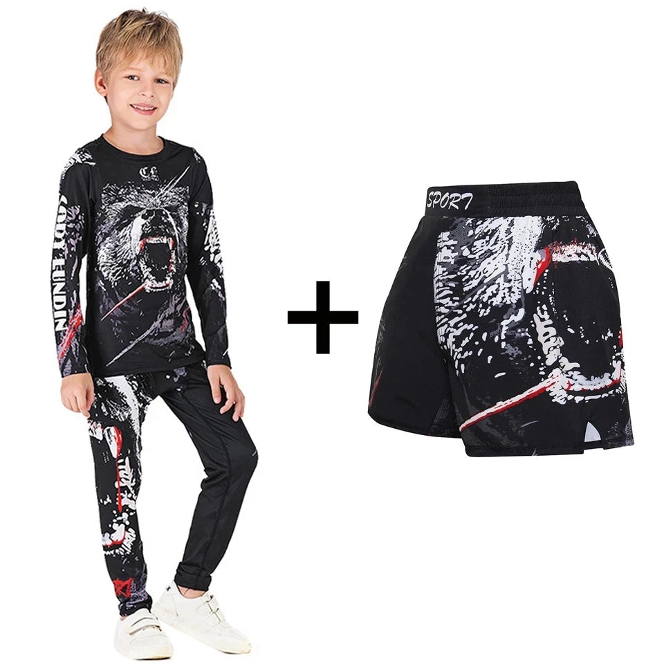 Rashguard Jiu Jitsu Kimono MMA Kid's T-shirt+Pant Sets Kid Rash Guard Children Muay Thai MMA Shorts Kickboxing Boys Gym Clothing