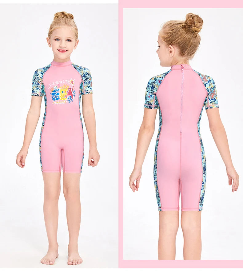 Girls and Boy One Piece Rash Guard Swimsuit Kid Water Sport Short Swimsuit UPF 50+ Sun Protection Bathing Suits