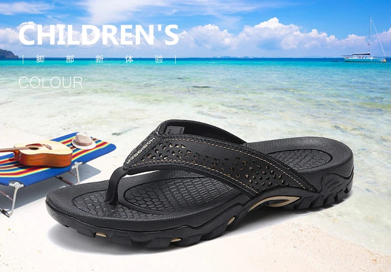 Jumpmore Summer Flip Flops Men Shoes Outdoor Fashion PU Leather Flat Shoes Beach Holiday Shoes Size 40-50
