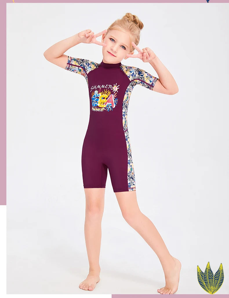 Girls and Boy One Piece Rash Guard Swimsuit Kid Water Sport Short Swimsuit UPF 50+ Sun Protection Bathing Suits