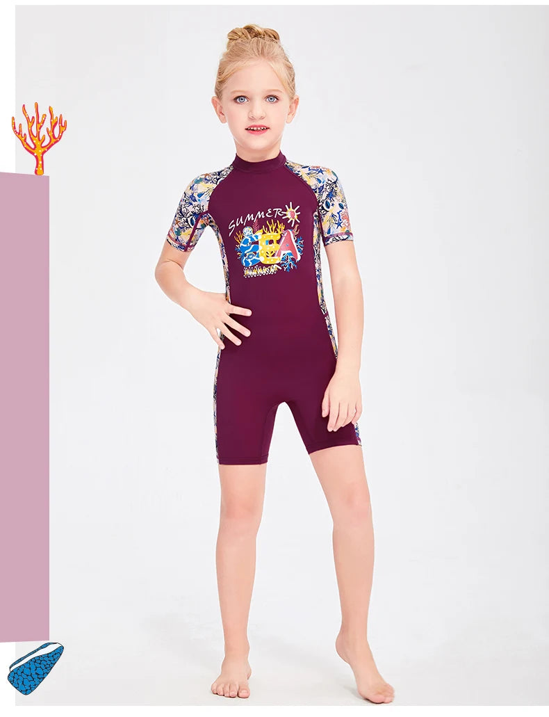 Girls and Boy One Piece Rash Guard Swimsuit Kid Water Sport Short Swimsuit UPF 50+ Sun Protection Bathing Suits