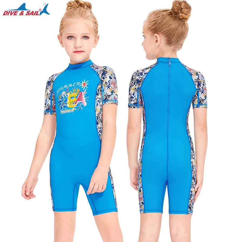 Girls and Boy One Piece Rash Guard Swimsuit Kid Water Sport Short Swimsuit UPF 50+ Sun Protection Bathing Suits
