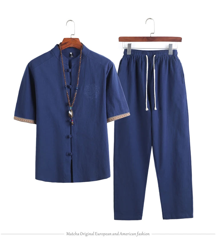 Mens Linen Sets 2023 Summer Men Streetwear Jogger Shirts+Long Pants Male Chinese Style 2 Pieces Hanfu Tracksuit Tang Suit 5Xl
