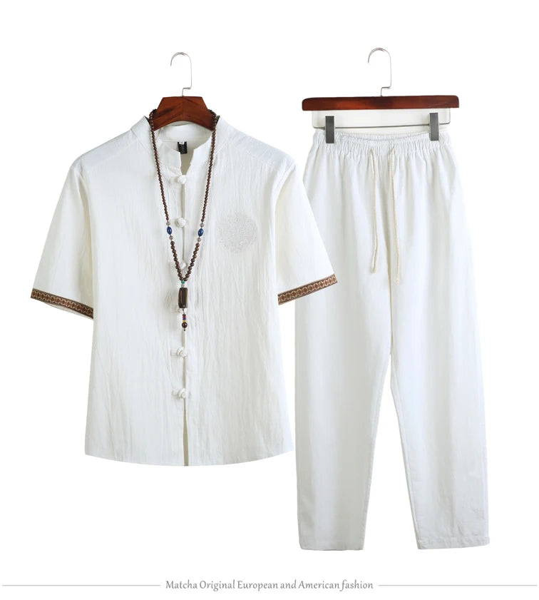 Mens Linen Sets 2023 Summer Men Streetwear Jogger Shirts+Long Pants Male Chinese Style 2 Pieces Hanfu Tracksuit Tang Suit 5Xl