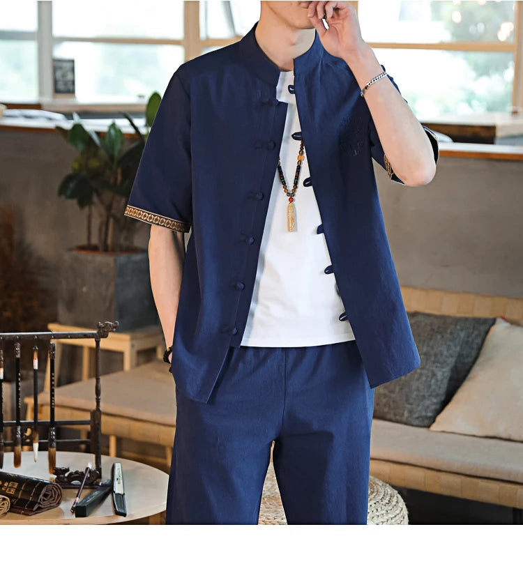 Mens Linen Sets 2023 Summer Men Streetwear Jogger Shirts+Long Pants Male Chinese Style 2 Pieces Hanfu Tracksuit Tang Suit 5Xl