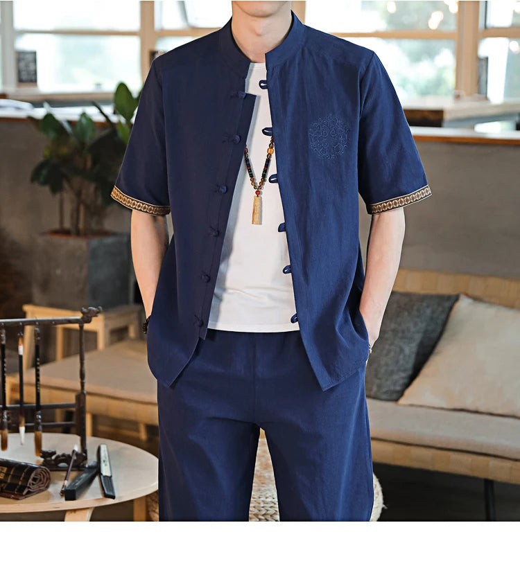 Mens Linen Sets 2023 Summer Men Streetwear Jogger Shirts+Long Pants Male Chinese Style 2 Pieces Hanfu Tracksuit Tang Suit 5Xl