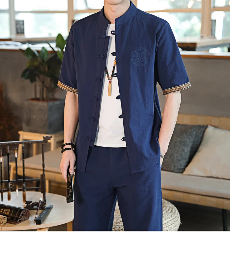 Mens Linen Sets 2023 Summer Men Streetwear Jogger Shirts+Long Pants Male Chinese Style 2 Pieces Hanfu Tracksuit Tang Suit 5Xl