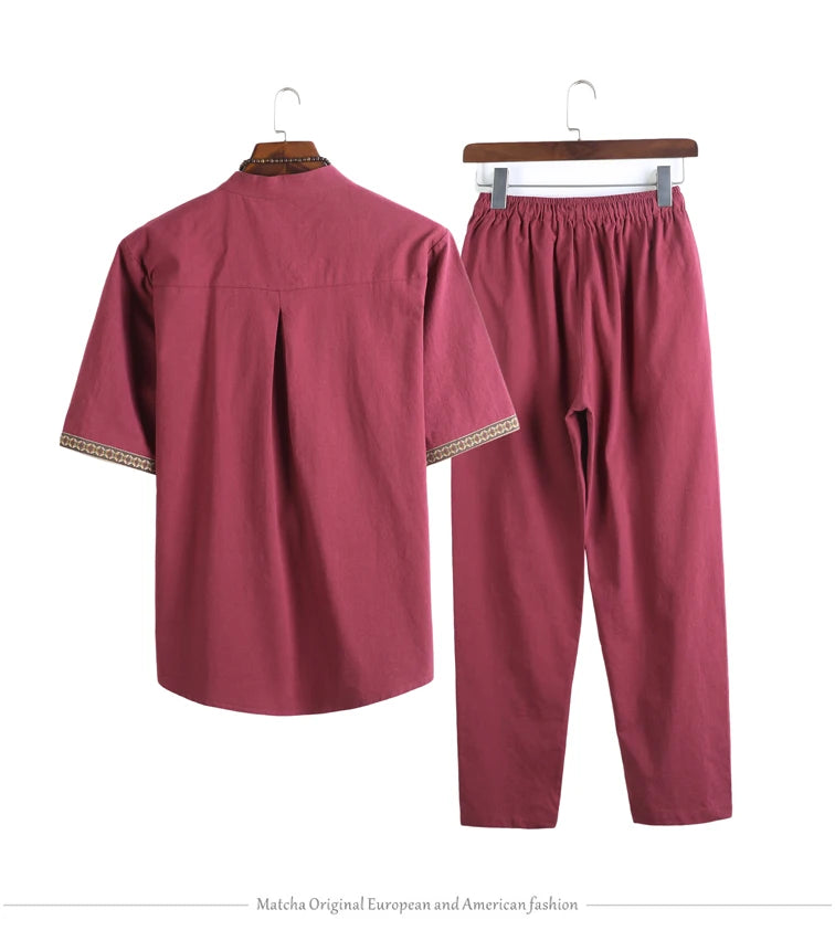 Mens Linen Sets 2023 Summer Men Streetwear Jogger Shirts+Long Pants Male Chinese Style 2 Pieces Hanfu Tracksuit Tang Suit 5Xl