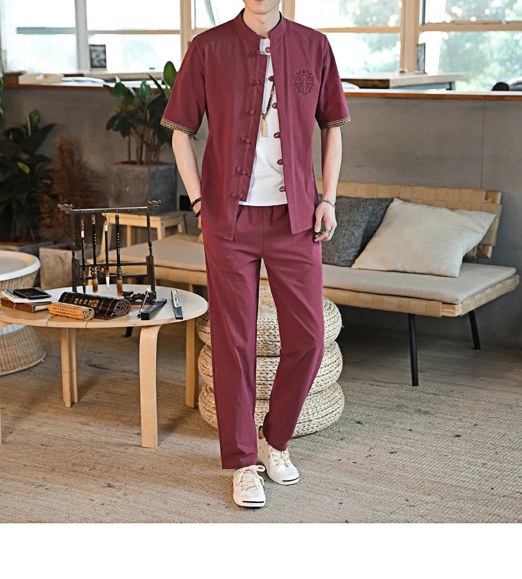 Mens Linen Sets 2023 Summer Men Streetwear Jogger Shirts+Long Pants Male Chinese Style 2 Pieces Hanfu Tracksuit Tang Suit 5Xl