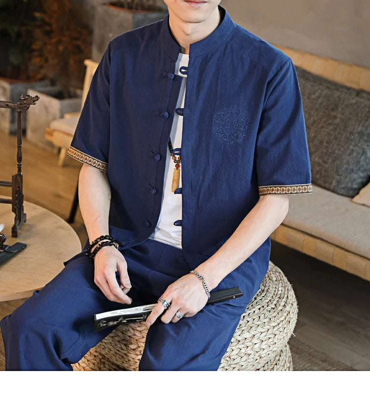 Mens Linen Sets 2023 Summer Men Streetwear Jogger Shirts+Long Pants Male Chinese Style 2 Pieces Hanfu Tracksuit Tang Suit 5Xl
