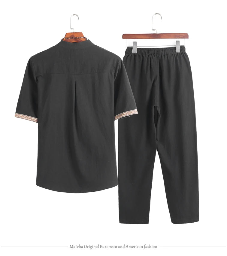 Mens Linen Sets 2023 Summer Men Streetwear Jogger Shirts+Long Pants Male Chinese Style 2 Pieces Hanfu Tracksuit Tang Suit 5Xl
