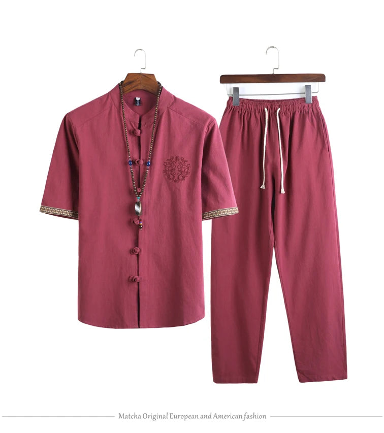Mens Linen Sets 2023 Summer Men Streetwear Jogger Shirts+Long Pants Male Chinese Style 2 Pieces Hanfu Tracksuit Tang Suit 5Xl