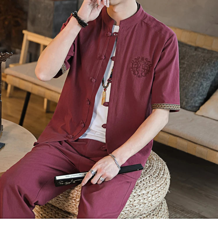 Mens Linen Sets 2023 Summer Men Streetwear Jogger Shirts+Long Pants Male Chinese Style 2 Pieces Hanfu Tracksuit Tang Suit 5Xl