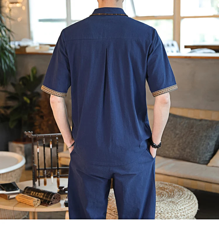 Mens Linen Sets 2023 Summer Men Streetwear Jogger Shirts+Long Pants Male Chinese Style 2 Pieces Hanfu Tracksuit Tang Suit 5Xl