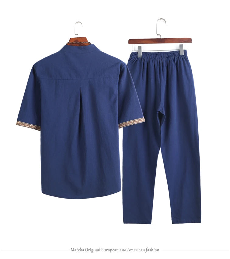 Mens Linen Sets 2023 Summer Men Streetwear Jogger Shirts+Long Pants Male Chinese Style 2 Pieces Hanfu Tracksuit Tang Suit 5Xl