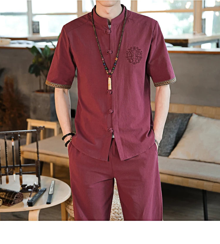 Mens Linen Sets 2023 Summer Men Streetwear Jogger Shirts+Long Pants Male Chinese Style 2 Pieces Hanfu Tracksuit Tang Suit 5Xl