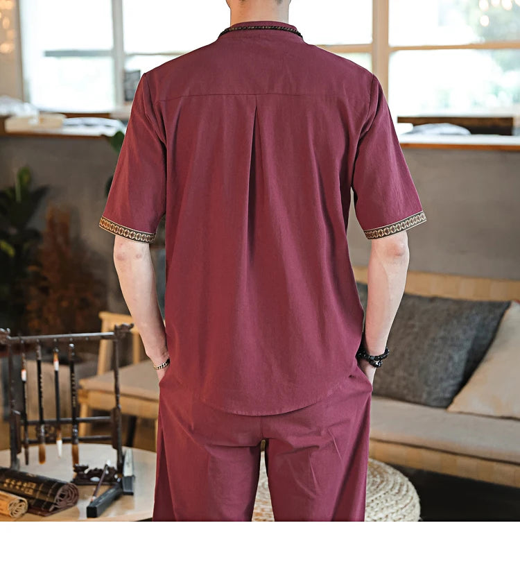 Mens Linen Sets 2023 Summer Men Streetwear Jogger Shirts+Long Pants Male Chinese Style 2 Pieces Hanfu Tracksuit Tang Suit 5Xl