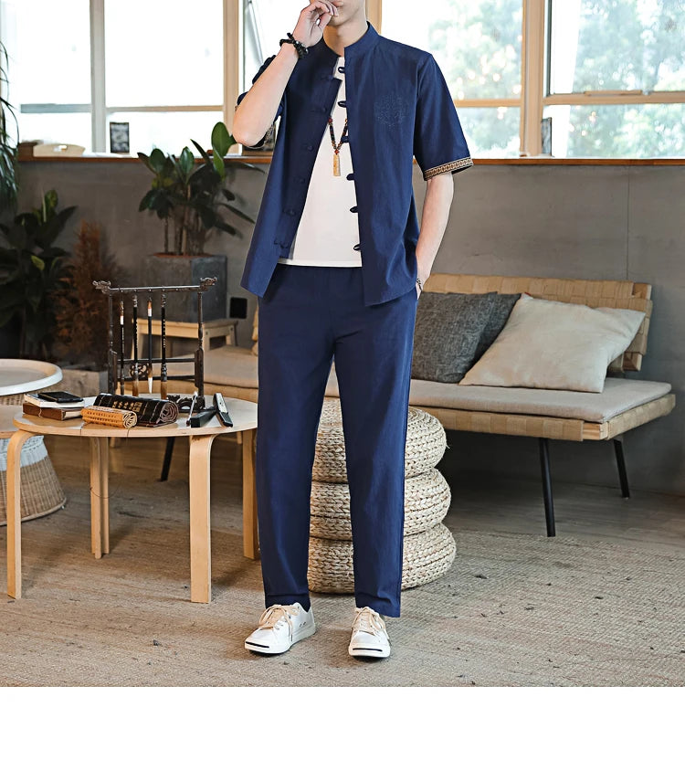 Mens Linen Sets 2023 Summer Men Streetwear Jogger Shirts+Long Pants Male Chinese Style 2 Pieces Hanfu Tracksuit Tang Suit 5Xl