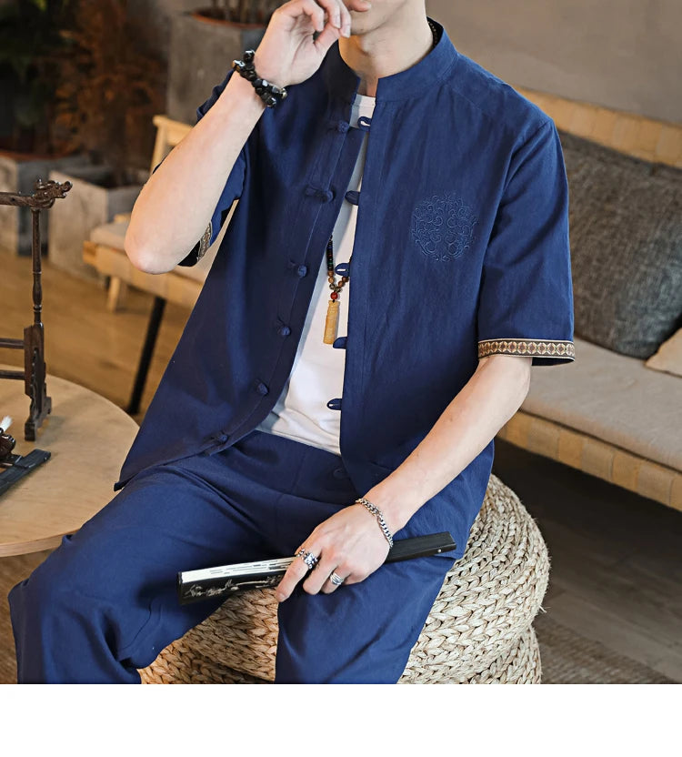 Mens Linen Sets 2023 Summer Men Streetwear Jogger Shirts+Long Pants Male Chinese Style 2 Pieces Hanfu Tracksuit Tang Suit 5Xl